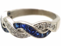 Art Deco 18ct White Gold, Sapphire & Diamond Interwoven Ribbon Design Ring