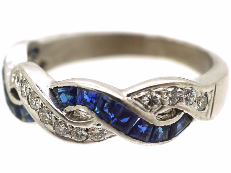 Art Deco 18ct White Gold, Sapphire & Diamond Interwoven Ribbon Design Ring