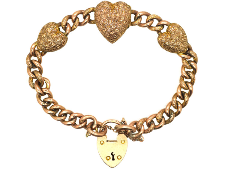 Edwardian 9ct Rose Gold Three Hearts Curb Bracelet with Locket