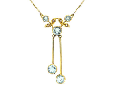 Edwardian 15ct Gold Double Drop Aquamarine & Natural Split Pearl Necklace