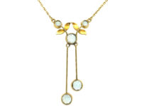 Edwardian 15ct Gold Double Drop Aquamarine & Natural Split Pearl Necklace