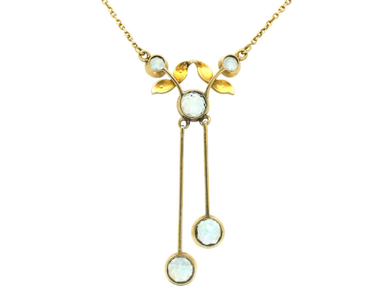 Edwardian 15ct Gold Double Drop Aquamarine & Natural Split Pearl Necklace