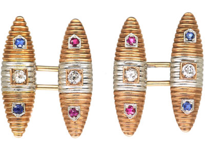 Art Deco 15ct Gold, Platinum, Diamond Sapphire & Ruby Torpedo Shaped Cufflinks