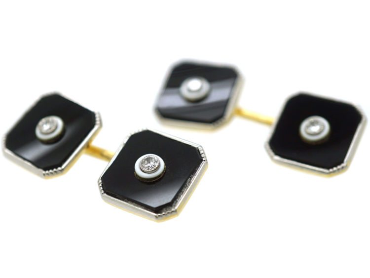 Art Deco 18ct Gold & Platinum, Onyx & Diamond Cufflinks