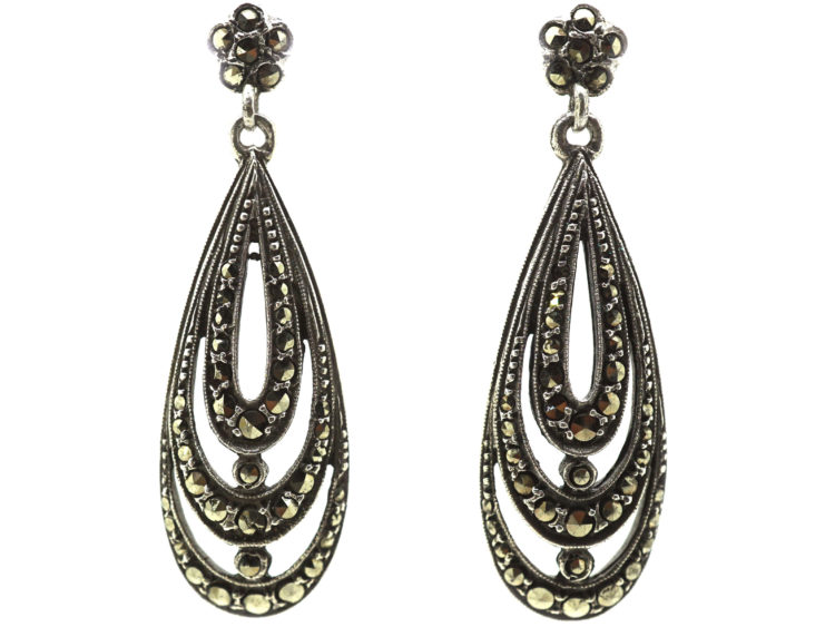 Art Deco Silver & Marcasite Triple Hoop Earrings