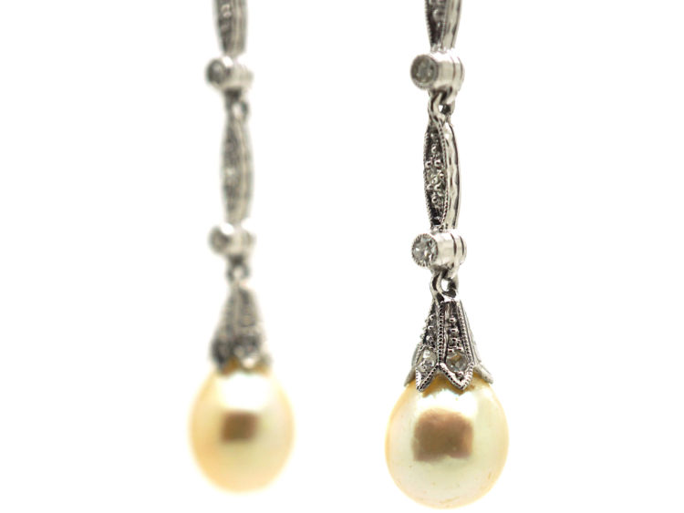 Art Deco Platinum, Natural Saltwater Pearl & Diamond Drop Earrings