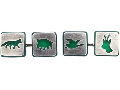 Art Deco Silver & Green Chalcedony Sporting Cufflinks