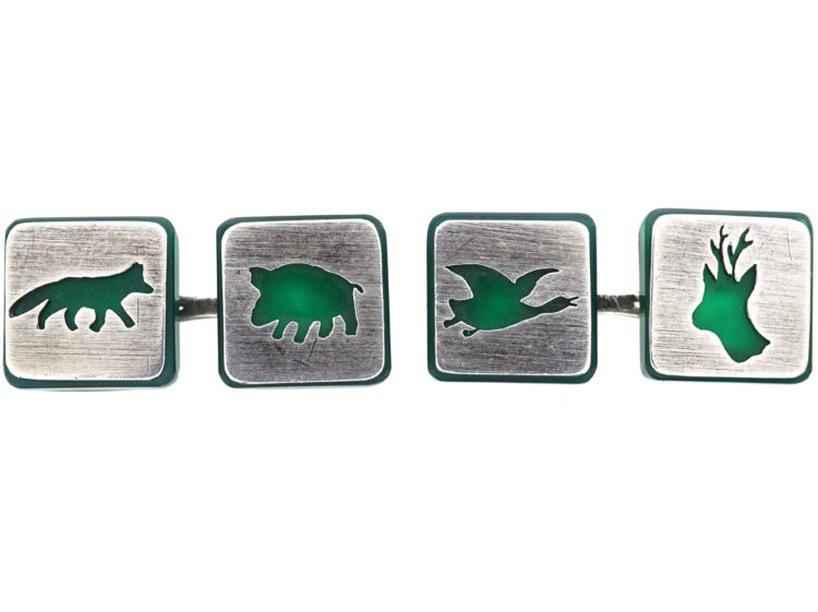 Art Deco Silver & Green Chalcedony Sporting Cufflinks