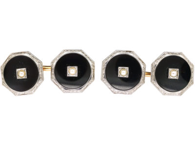 Art Deco 14ct Gold, Onyx & Natural Split Pearl Octagonal Cufflinks
