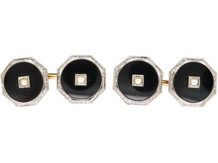Art Deco 14ct Gold, Onyx & Natural Split Pearl Octagonal Cufflinks
