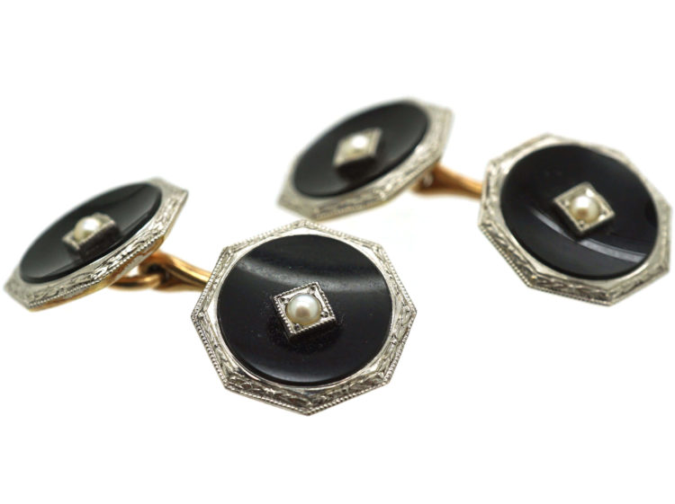 Art Deco 14ct Gold, Onyx & Natural Split Pearl Octagonal Cufflinks