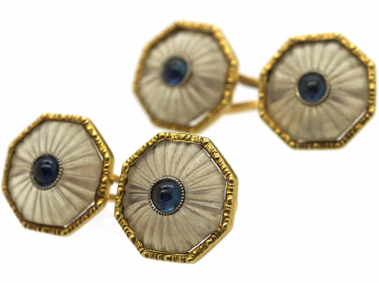 Art Deco 18ct Gold, Rock Crystal & Cabochon Sapphire Octagonal Shaped Cufflinks