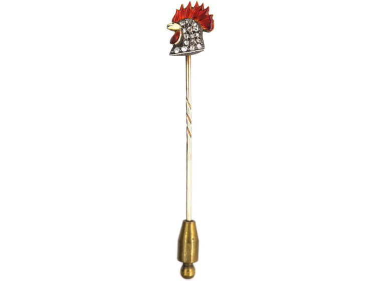 Edwardian Diamond & Enamel Cockerel Head Tie Pin