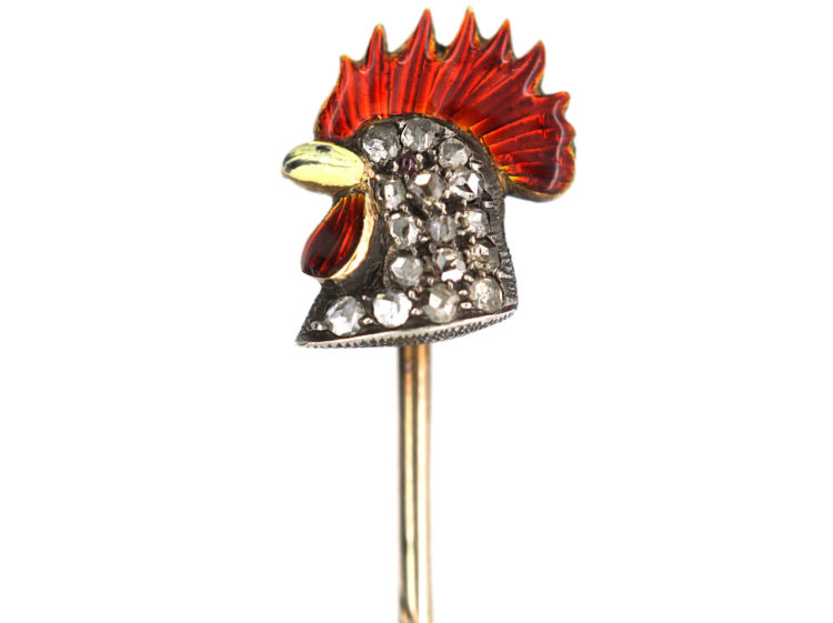 Edwardian Diamond & Enamel Cockerel Head Tie Pin