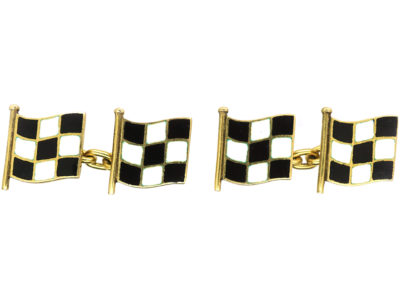 18ct Gold Black & White Enamel Motor Racing Flag Cufflinks