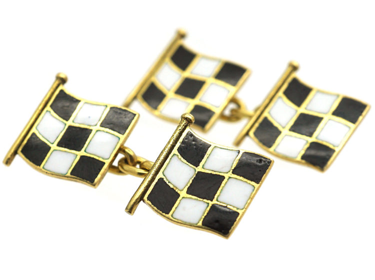 18ct Gold Black & White Enamel Motor Racing Flag Cufflinks