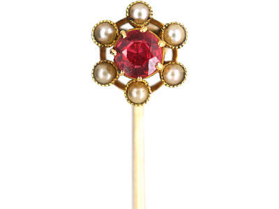 Edwardian 15ct Gold, Garnet & Natural Split Pearl Tie Pin