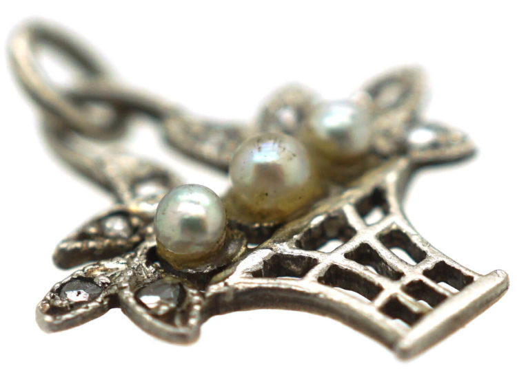 Edwardian 15ct Gold & Platinum, Natural Pearl & Rose diamond Basket Charm