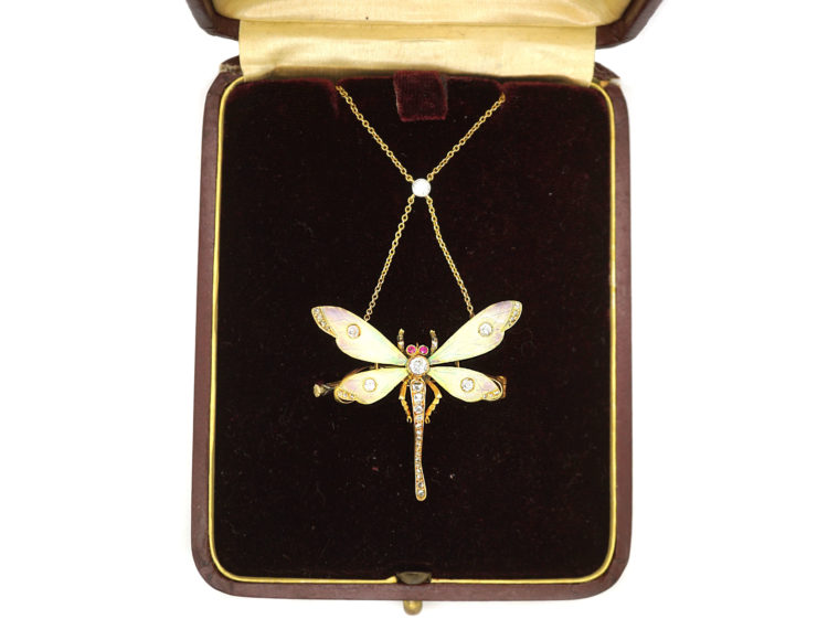 Art Nouveau Dragonfly Pendant on Chain in Original Case