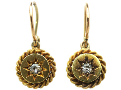 Victorian 15ct Gold Round Drop Earrings set with Diamonds