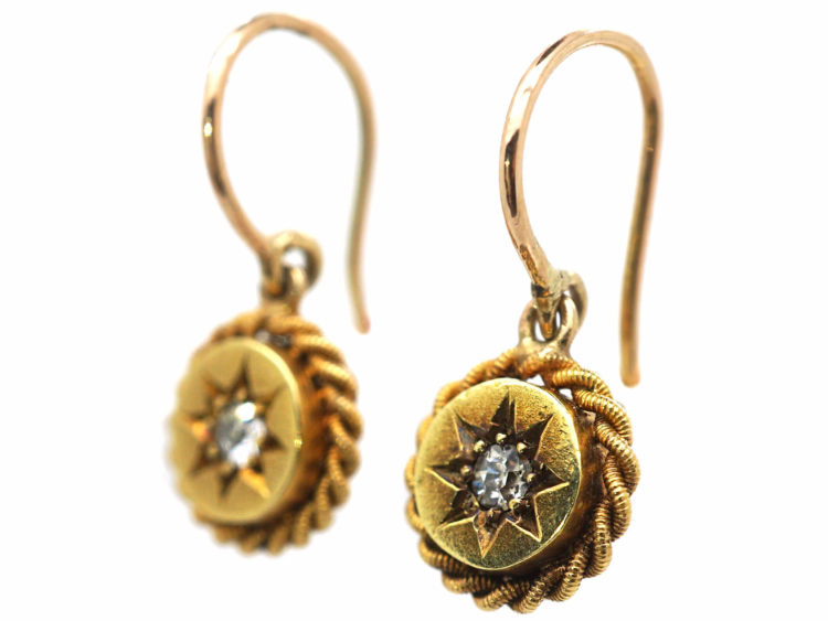 Victorian 15ct Gold Round Drop Earrings set with Diamonds