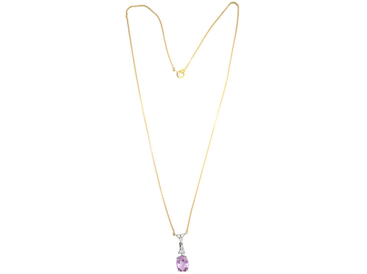 14ct White & Yellow Gold, Pink Topaz & Diamond Pendant on 14ct Gold Chain