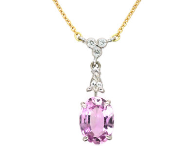 14ct White & Yellow Gold, Pink Topaz & Diamond Pendant on 14ct Gold Chain