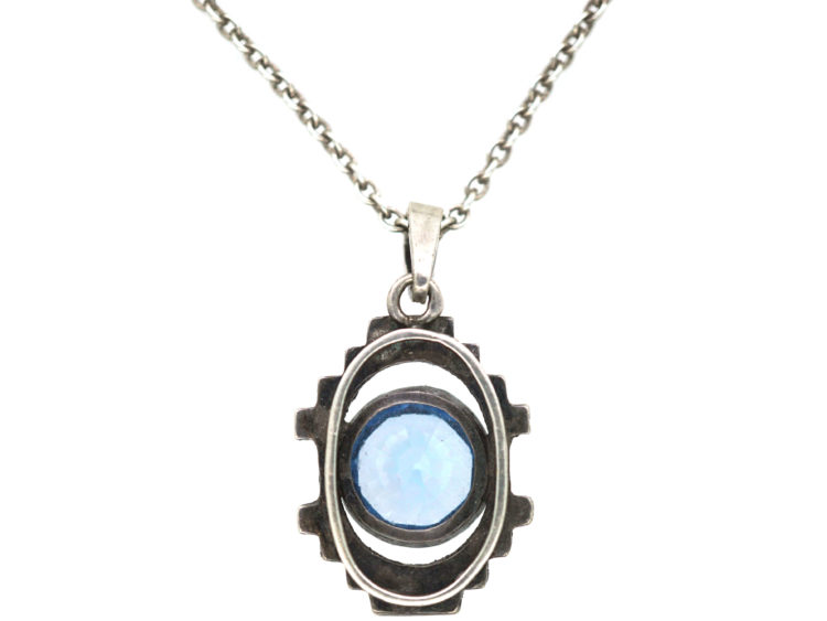Art Deco Silver, Marcasite & Synthetic Spinel Pendant on Silver Chain