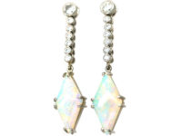 Art Deco Platinum, Opal & Diamond Drop Earrings