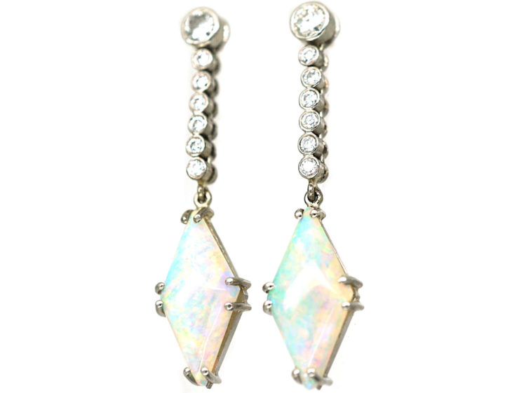 Art Deco Platinum, Opal & Diamond Drop Earrings