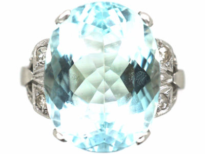 Art Deco Platinum, Aquamarine Ring with Diamond Set Shoulders