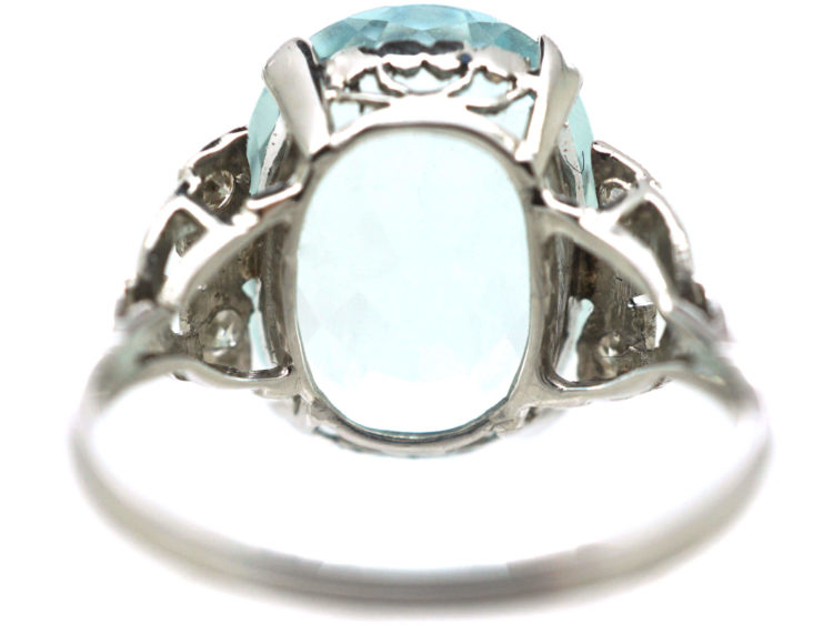 Art Deco Platinum, Aquamarine Ring with Diamond Set Shoulders