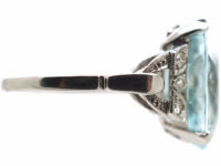 Art Deco Platinum, Aquamarine Ring with Diamond Set Shoulders