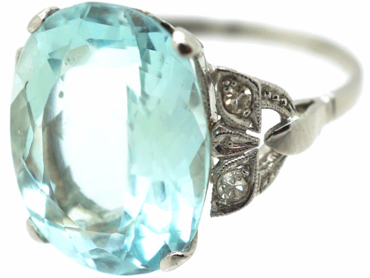 Art Deco Platinum, Aquamarine Ring with Diamond Set Shoulders