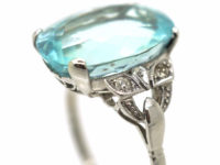 Art Deco Platinum, Aquamarine Ring with Diamond Set Shoulders