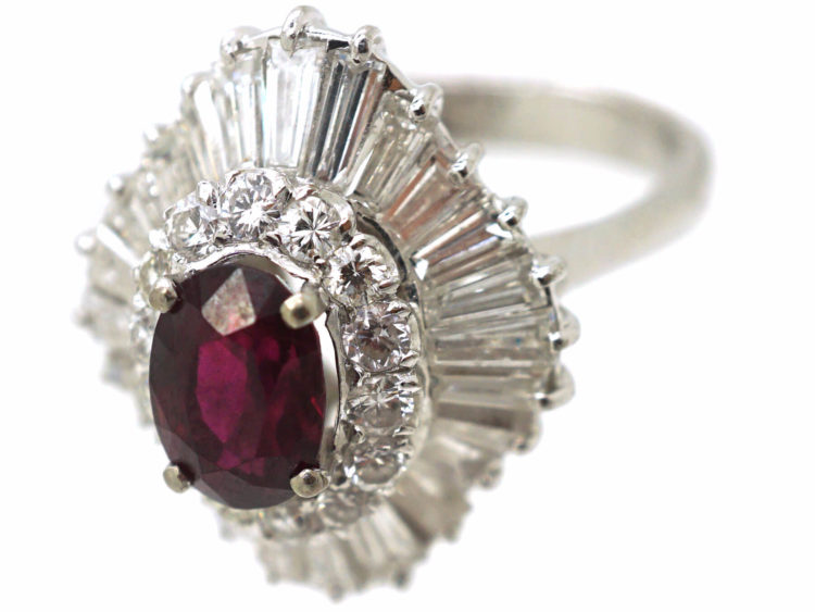 14ct White Gold Baguette Diamond & Ruby Ballerina Ring