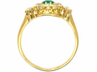 Edwardian 18ct Gold, Emerald & Diamond Cluster Ring with a Diamond on each Shoulder