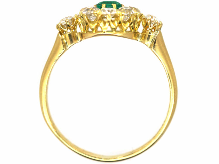 Edwardian 18ct Gold, Emerald & Diamond Cluster Ring with a Diamond on each Shoulder