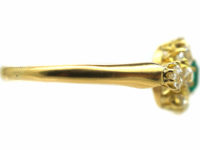 Edwardian 18ct Gold, Emerald & Diamond Cluster Ring with a Diamond on each Shoulder