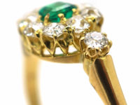 Edwardian 18ct Gold, Emerald & Diamond Cluster Ring with a Diamond on each Shoulder