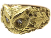 14ct Gold Ring of an Owl with Diamond Eyes with Oak Leaf Shoulders