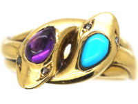Victorian 18ct Gold Double Snake Ring set with a Turquoise & an Amethyst with Diamond Eyes