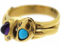 Victorian 18ct Gold Double Snake Ring set with a Turquoise & an Amethyst with Diamond Eyes