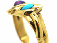 Victorian 18ct Gold Double Snake Ring set with a Turquoise & an Amethyst with Diamond Eyes