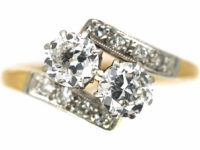 Art Deco 18ct Gold & Platinum, Two Stone Diamond Crossover Ring
