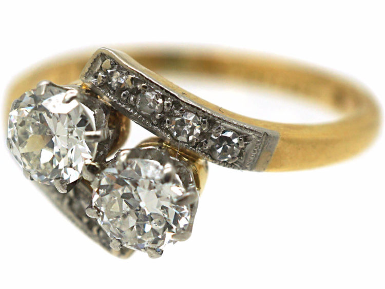 Art Deco 18ct Gold & Platinum, Two Stone Diamond Crossover Ring