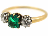 Edwardian 18ct Gold Three Stone Emerald & Diamond Ring