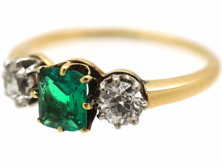 Edwardian 18ct Gold Three Stone Emerald & Diamond Ring