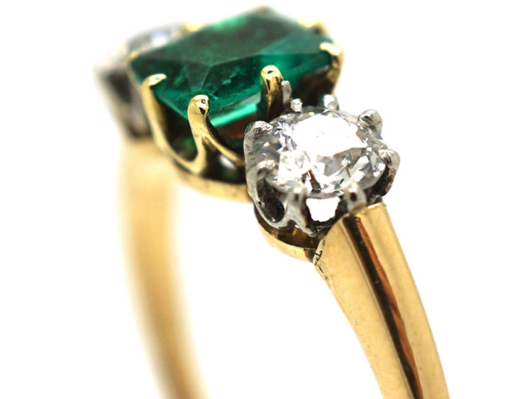 Edwardian 18ct Gold Three Stone Emerald & Diamond Ring