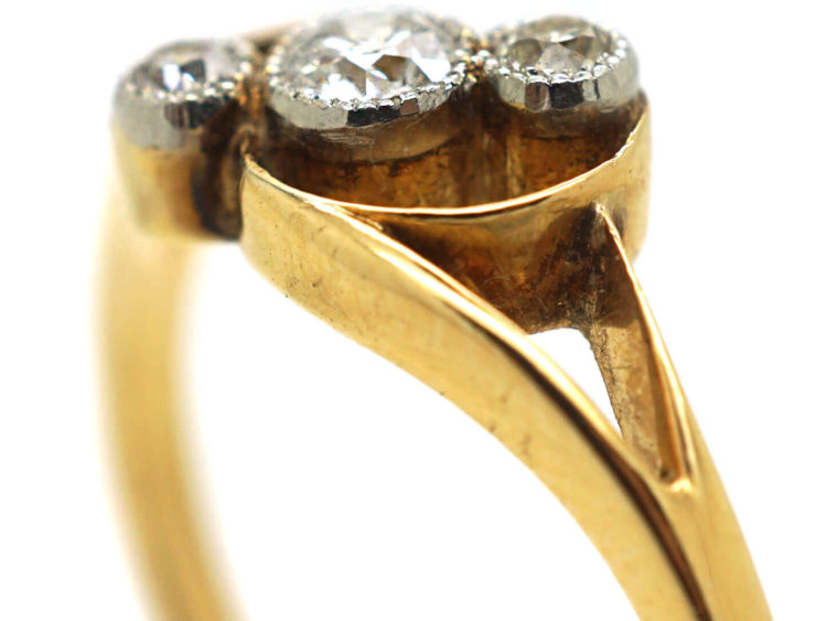 Art Nouveau 18ct Gold & Diamond Three Stone Crossover Ring